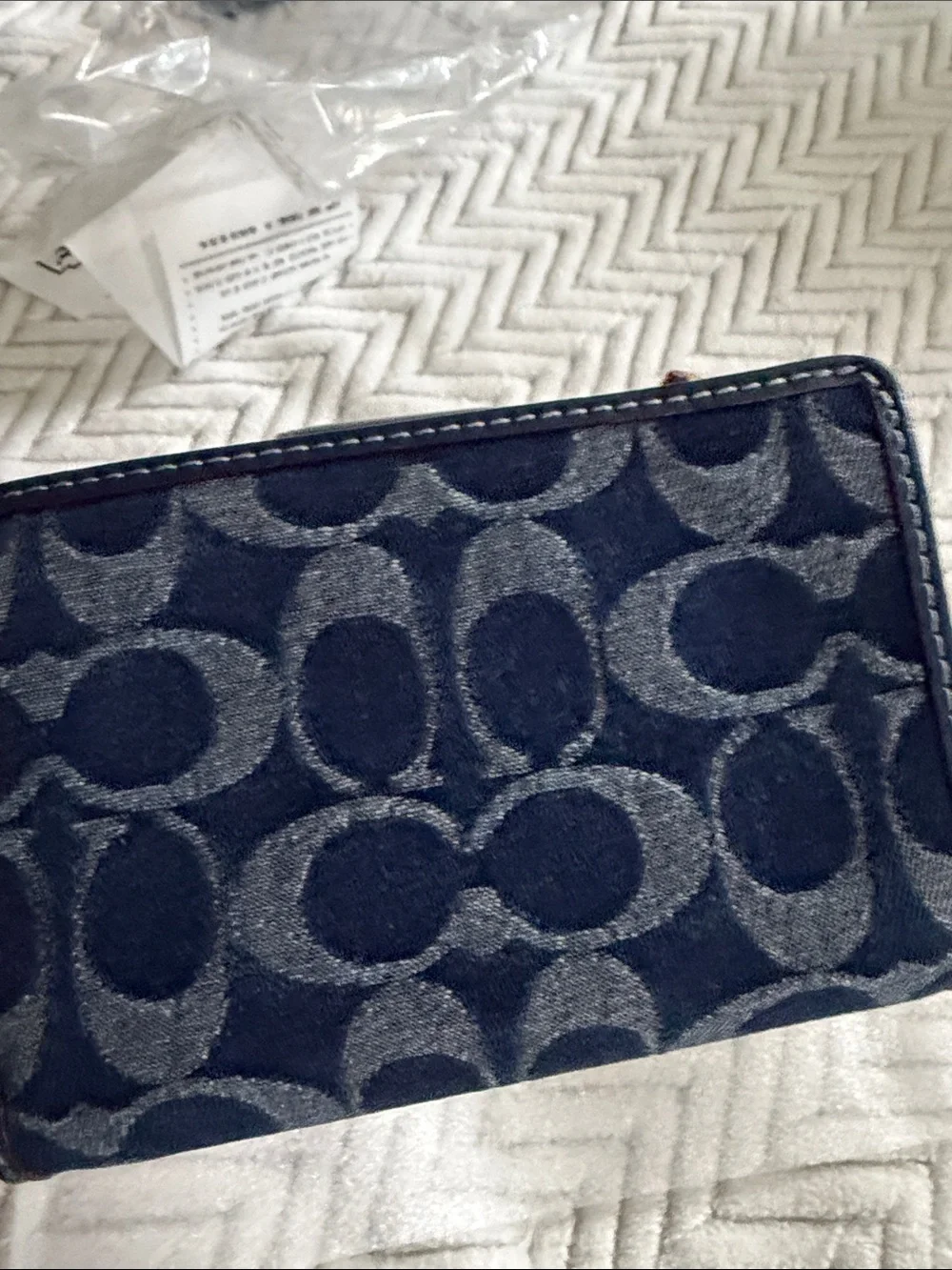 Coach Gray Felt Wallet with Navy Leather Trim and Gold Logo